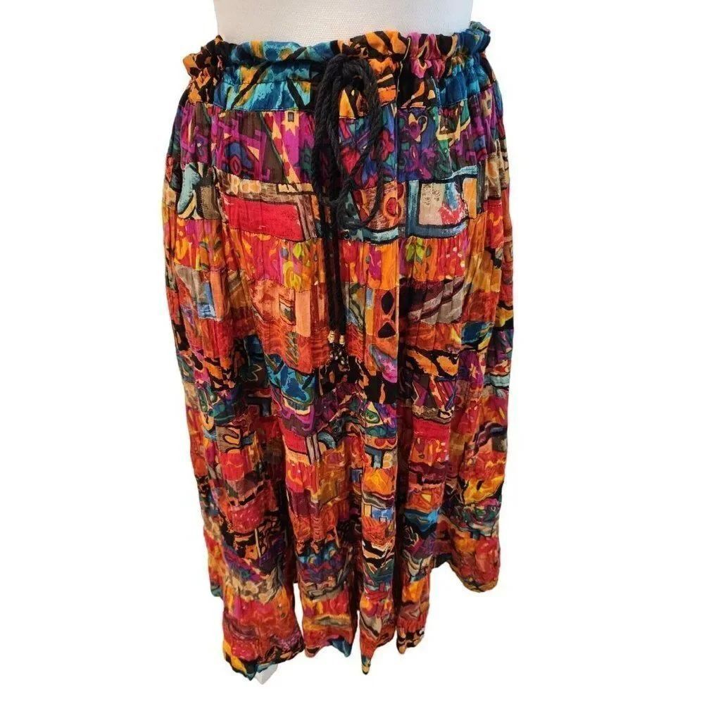 Vintage 90s Long Maxi Colorful Skirt One Size Fits All Artistic Boho Broomstick